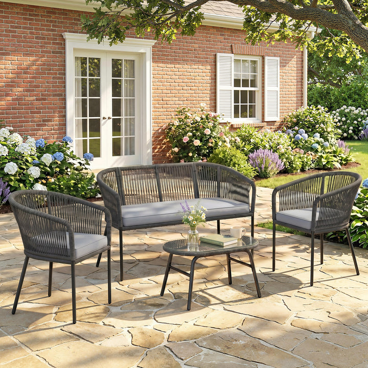 4 Piece Garden Furniture Set, Rope Garden Sofa Set with 1 Loveseat 2 C