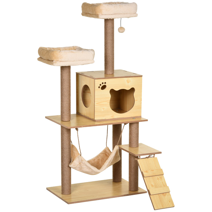 PawHut Cat Tree, 130cm Cat Tree for Indoor, Multi-Level Plush Cat Climbing Tower w/ Scratching Posts, Cat Condo for Large Cat, Yellow | Aosom UK