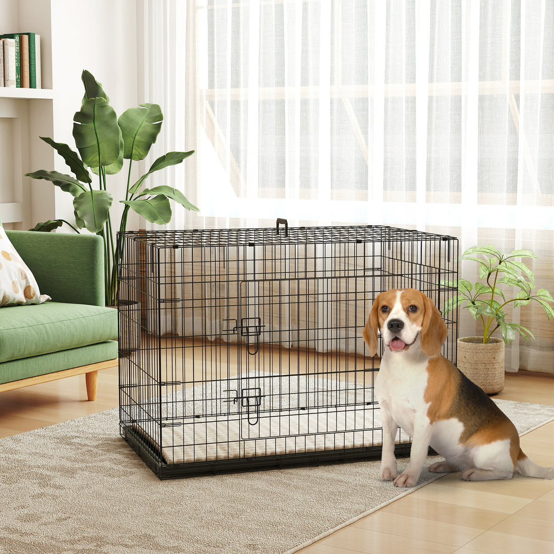 Foldable Dog Crate with 2 Doors with Tray, Soft Cushion, for Extra and Large Dogs, 105 x 70 x 75, Black