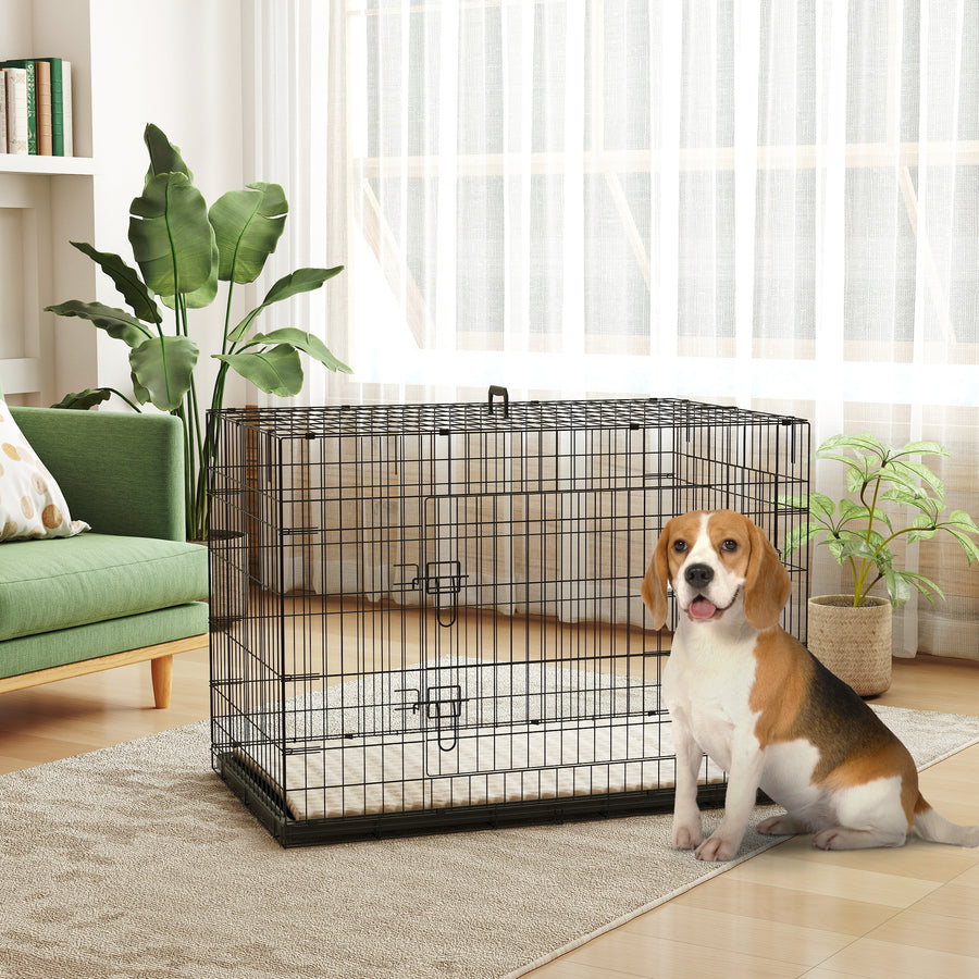 Foldable Dog Crate with 2 Doors with Tray, Soft Cushion, for Extra and Large Dogs, 105 x 70 x 75, Black
