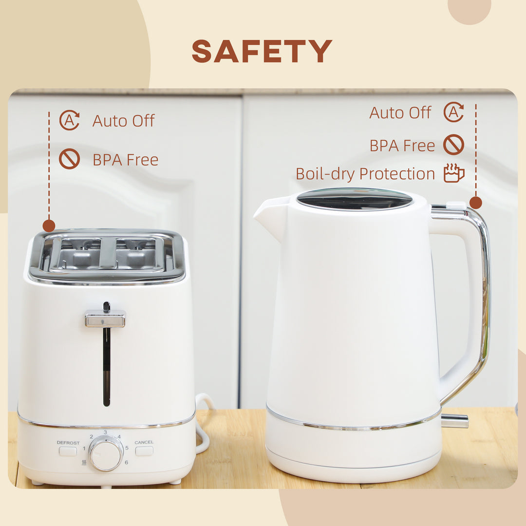 Kettle and Toaster Set, 1.7L 3000W Fast Boil Kettle & 2 Slice Toaster Kitchen Set with 6 Level Browning Controls, Defrost, Reheat, White