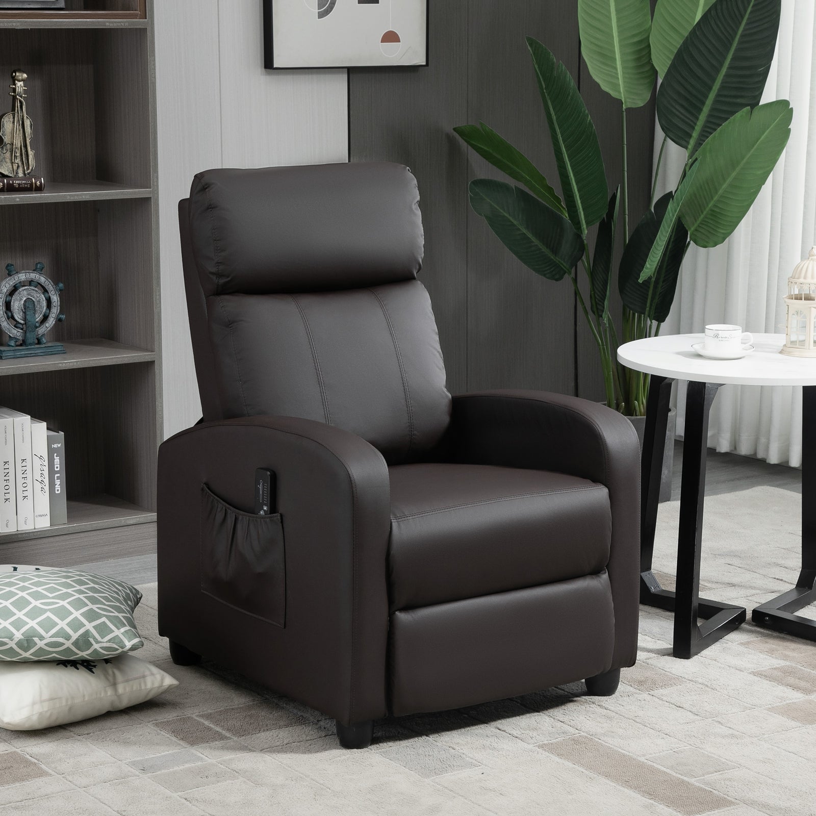 Recliner Armchair, Massage Faux Leather Push Back Reclining Chair with Adjustable Leg Rest, Side Pocket, for Home Living Room Theatre, Brown
