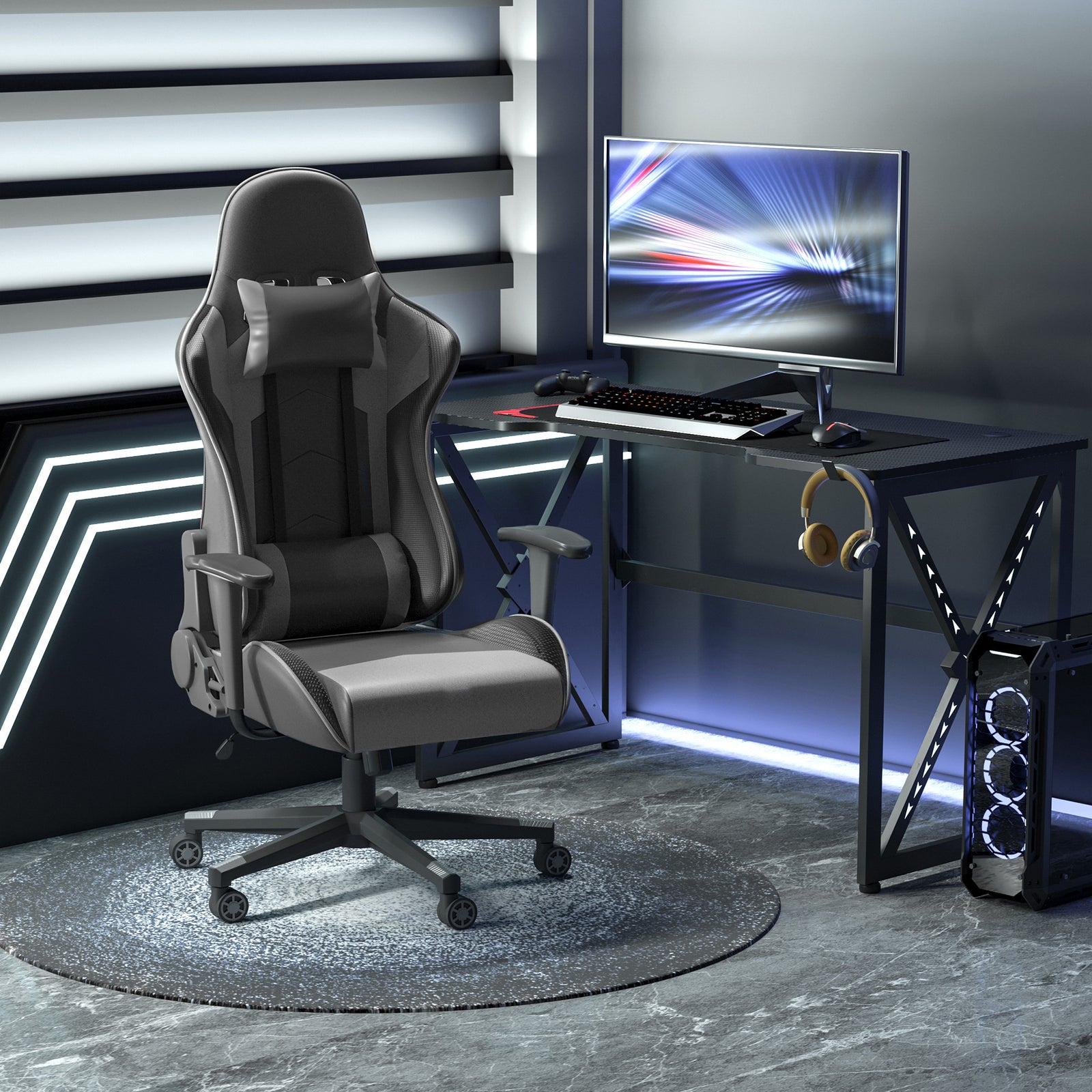 Gaming Chair, Computer Desk Chair, Racing Chair with Adjustable Height, Head Pillow and Lumbar Support for Adults, Black