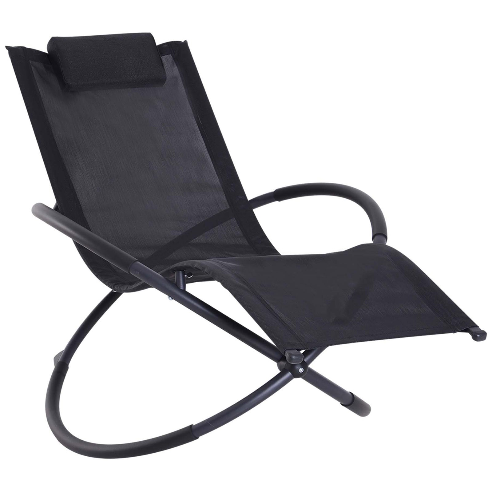 Outdoor Orbital Lounger Zero Gravity Patio Chaise Foldable Rocking Chair w/ Pillow Black