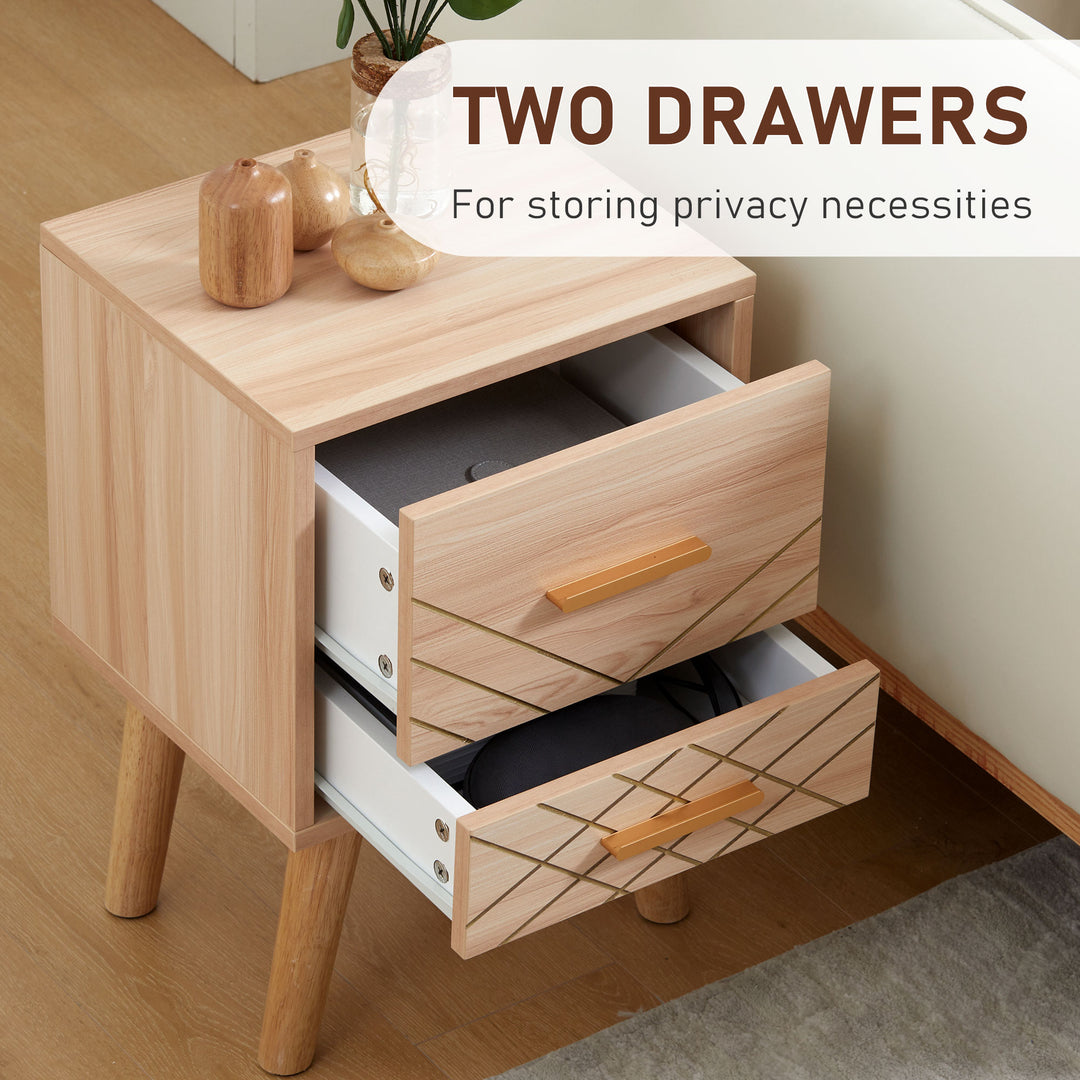 2-Piece Scandinavian Bedside Tables with Drawers, Bedside Cabinets with Wood Legs, Natural