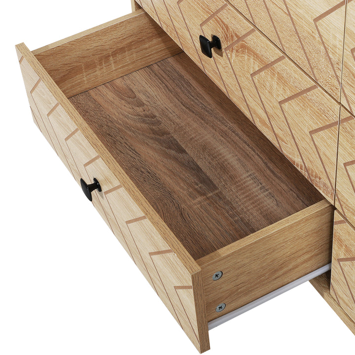 Bedroom Chest of Drawers, 6 Drawer Dresser, Sideboard Cabinet with Zigzag Design and Metal Base, Storage Drawer Unit, 120x71cm, Natural
