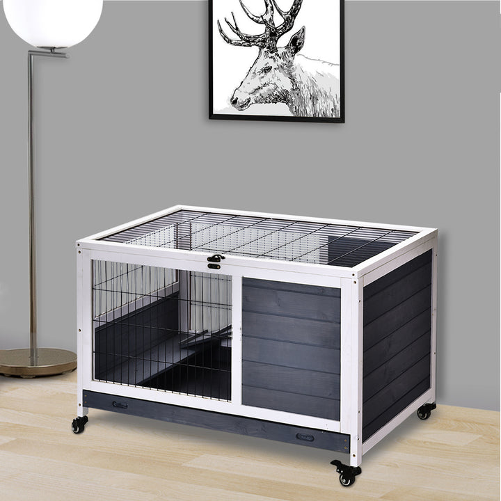 Rabbits Indoor Fir Wood Lift-Top Hutch Guinea Pigs Hutches-Grey and White