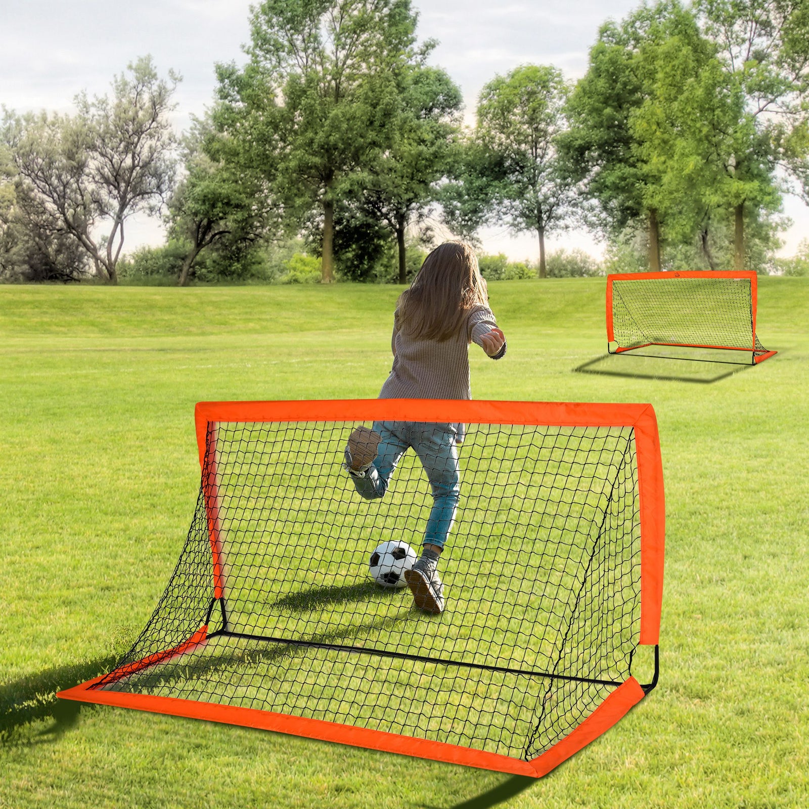 Set of 2 Football Goal Net 6 x 3 ft Foldable Outdoor Sport Training Teens Adults Football with Carrying Bag Orange