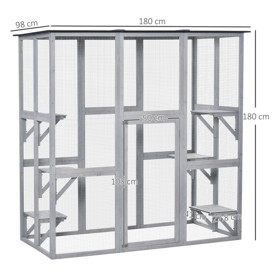 Wooden Catio Cat Outdoor Enclosure, Cat Cage with Waterproof Roof, Platforms, for Multiple Kittens, 180 x 98 x 180 cm