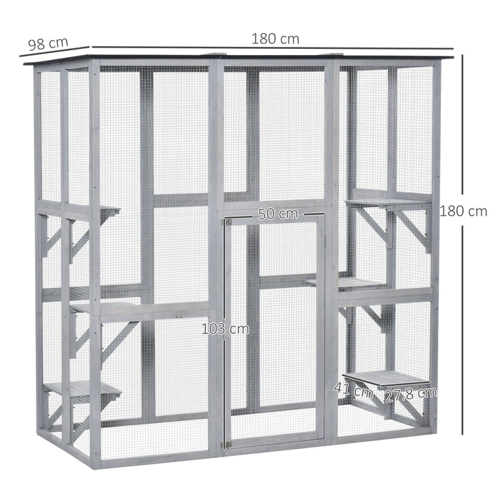 Wooden Catio Cat Outdoor Enclosure, Cat Cage with Waterproof Roof, Platforms, for Multiple Kittens, 180 x 98 x 180 cm