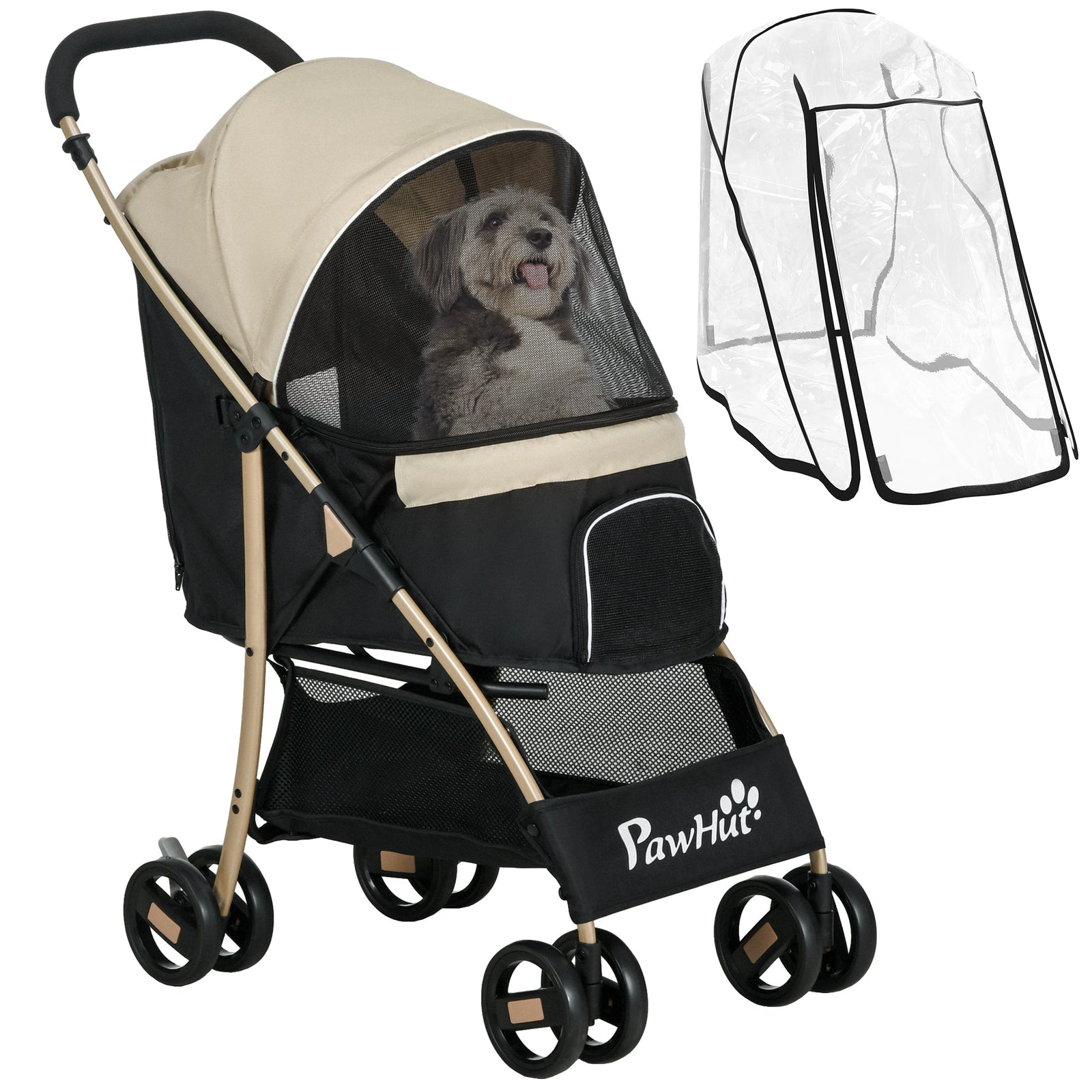 Pet Stroller for Small and Miniature Dogs, with Rain Cover - Khaki