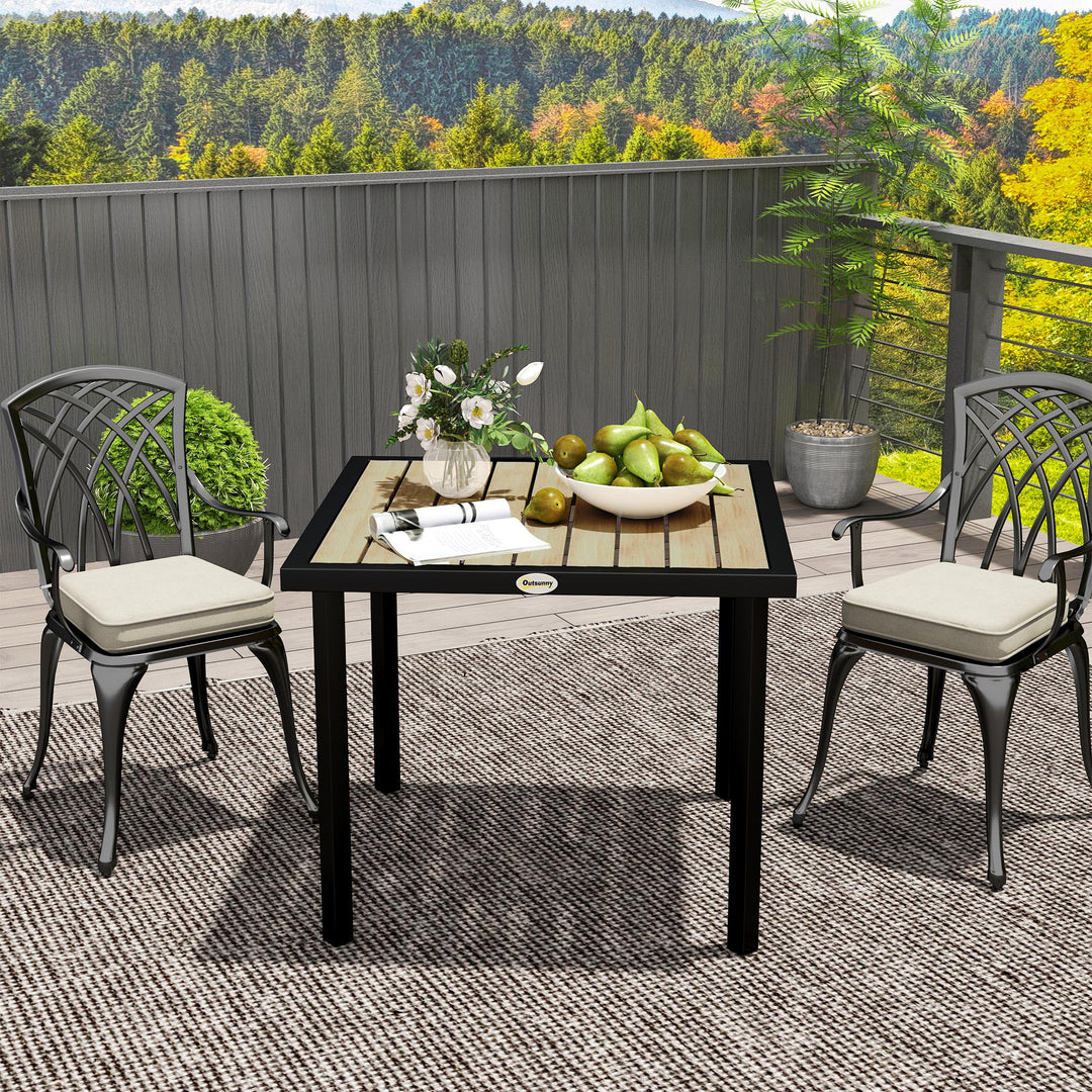 Square Garden Dining Table with 5.4cm Parasol Hole, Slatted Top, Metal Frame, 86 x 86 x 71cm, Brown