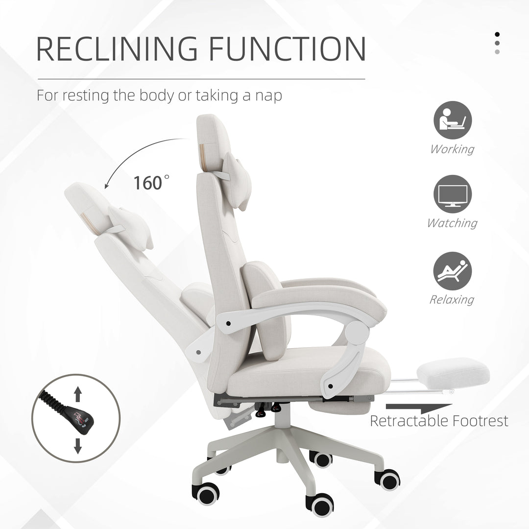 Linen-Look Office Chair, with 160° Reclining Back and Footrest - White