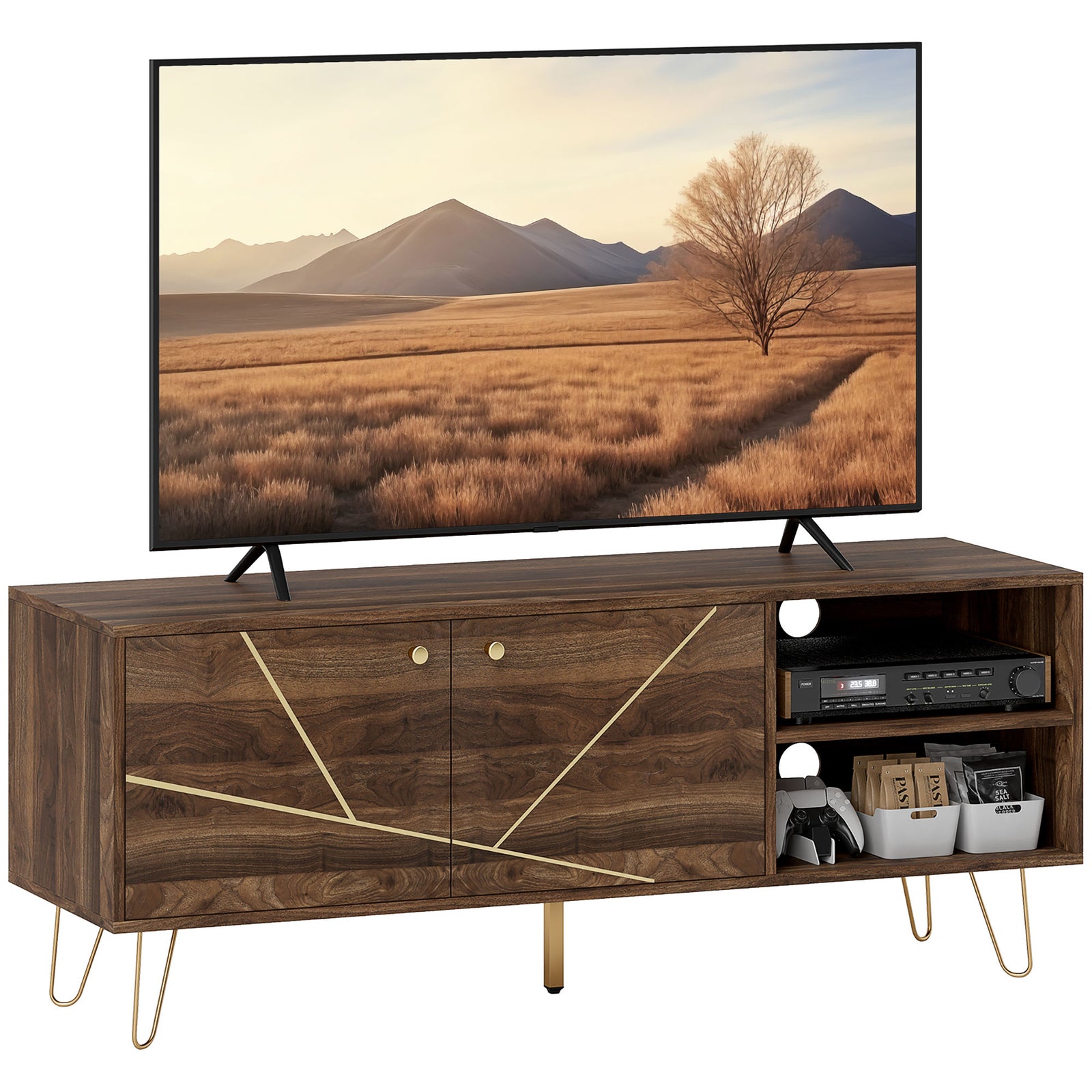 TV Stand Cabinet for up to 60 Inch TV, Modern 130cm TV Unit with Adjustable Shelves and Hairpin Legs, Double Door TV Cabinet for Living Room, Bedroom, Brown