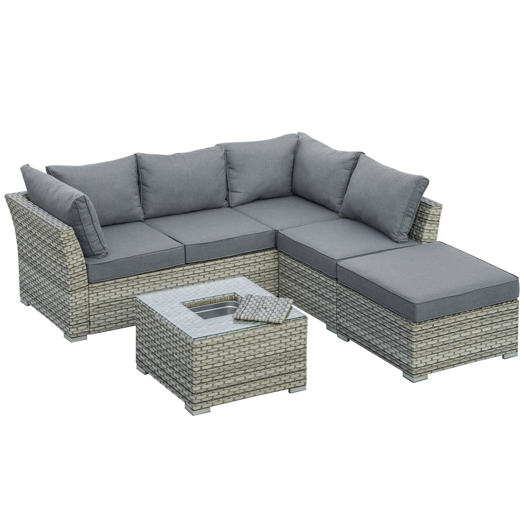 Outsunny 5-Seater PE Rattan Sofa Set Patio Corner Sofa Wicker Sectional Conversation Aluminum Frame Furniture Set w/ Padded Cushion, Light Grey