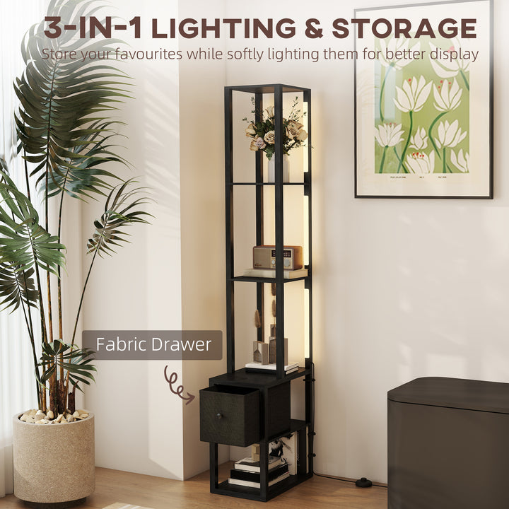 Floor Lamp with Shelves, LED Column Modern Standing Lamp with Fabric Drawer, Adjustable Brightness, Foot Switch for Living Room, Bedroom, Office, Black