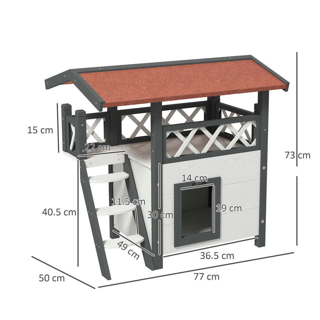 Cat House Outdoor w/ Balcony Stairs Roof, 77 x 50 x 73 cm, White