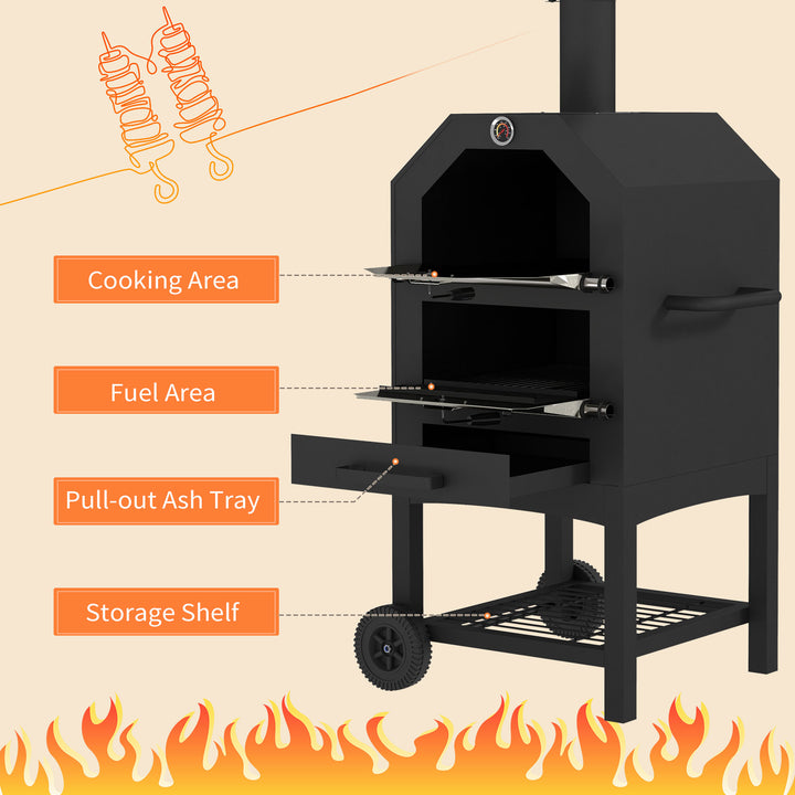 Steel 3-Tier Outdoor Pizza Oven Charcoal BBQ Grill, Black