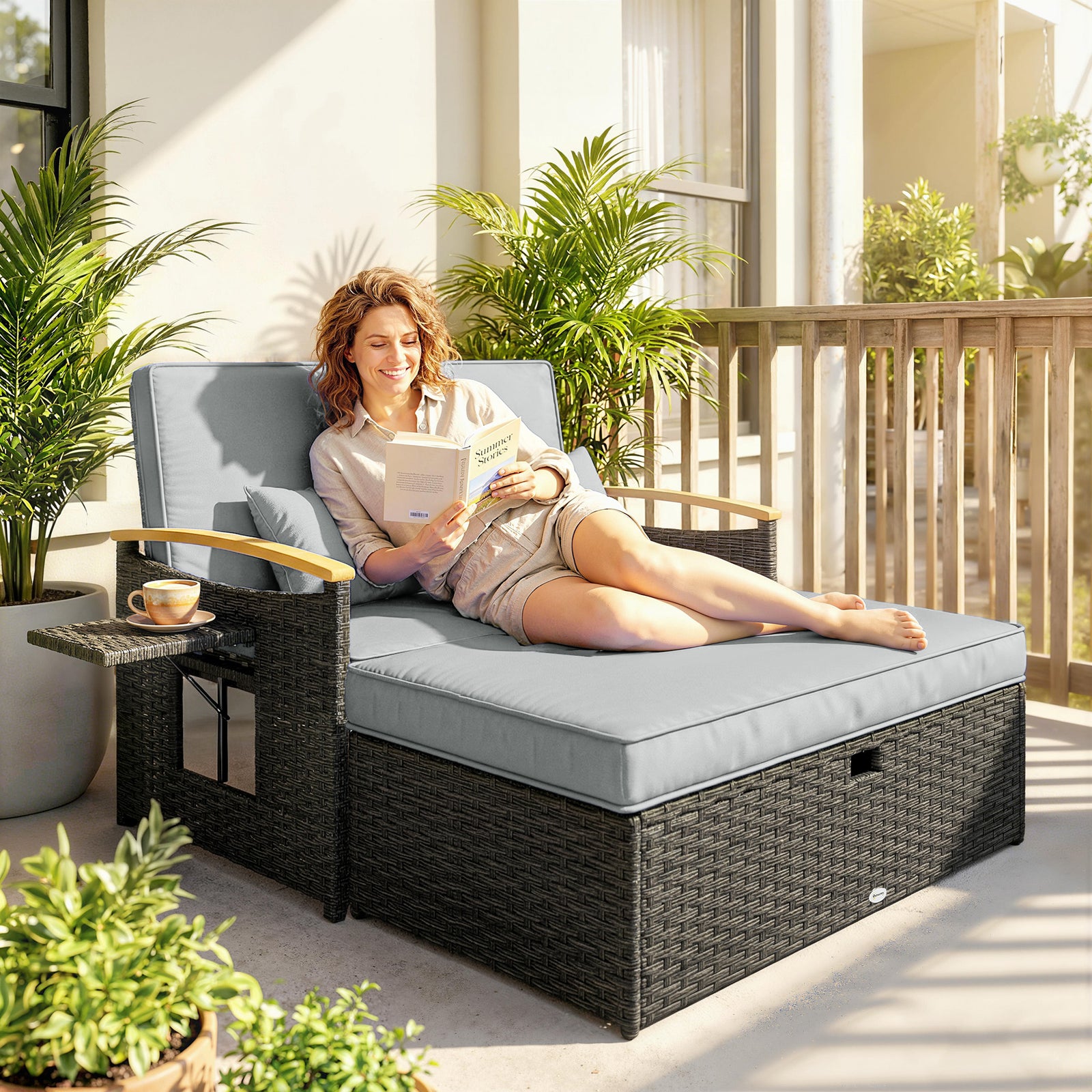 Double Garden Rattan Daybed, Wicker Sun Bed Chaise Lounger with Storag