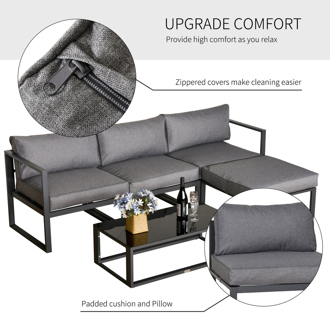 5 Pieces Outdoor Patio Furniture Set, Sofa Couch with Glass Coffee Table, Cushioned Chairs and Aluminum Tube, for Balcony Garden Backyard, Grey
