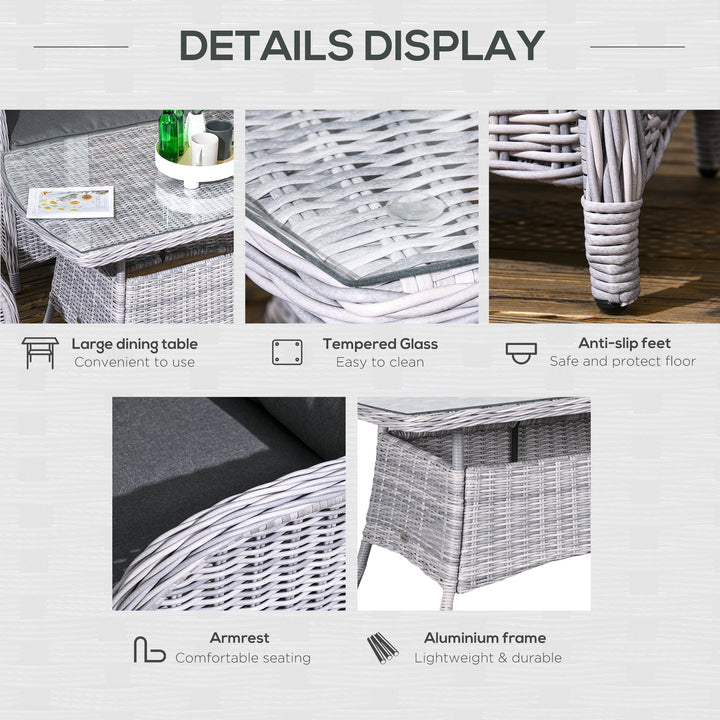 MCL Garden PE Rattan Dining Sofa Set, Outdoor 4 Seater Wicker Furniture, High Back Chairs with Cushions, Tempered Glass Coffee Table for Patio, Mixed Grey
