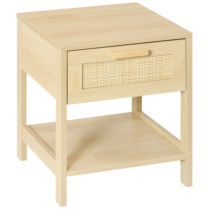 HOMCOM Bedside Table with Rattan Accent Drawer and Lower Shelf, Compact Nightstand for Bedroom or Living Room Storage | Aosom UK