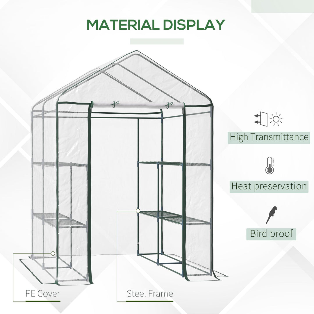 Walk in Greenhouse with 3-Tier 8 Shelves, Green House with Hemmed Cover, Roll-up Zipped Door, Steel Frame, 143 x 143 x 195cm