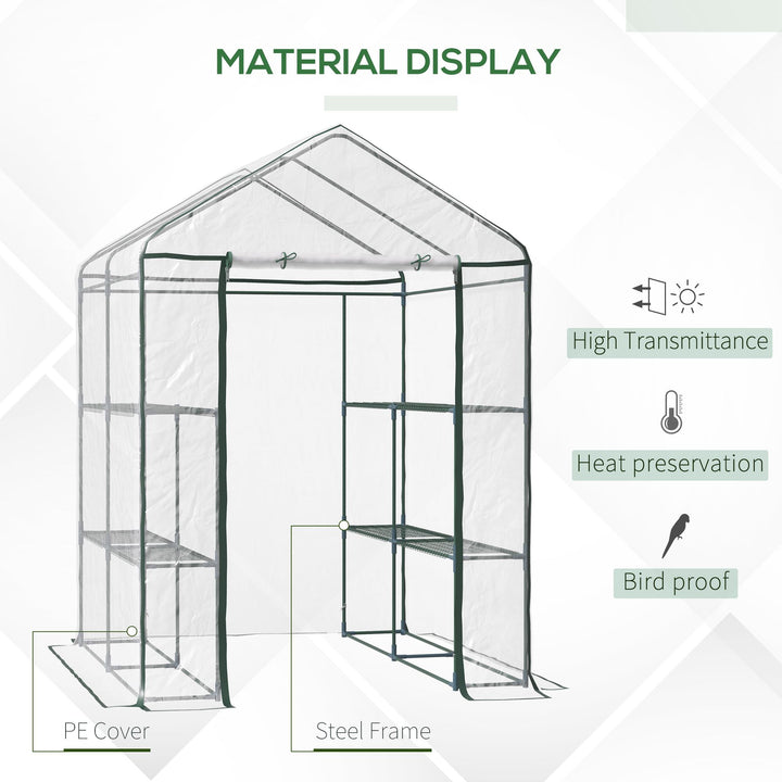 Walk in Greenhouse with 3-Tier 8 Shelves, Green House with Hemmed Cover, Roll-up Zipped Door, Steel Frame, 143 x 143 x 195cm