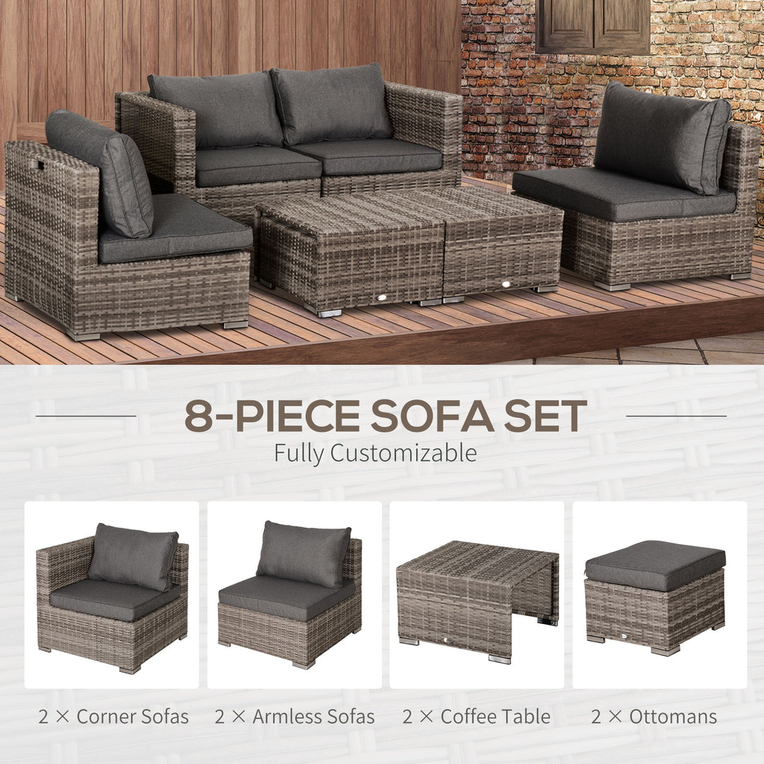 MCL 8 Pieces Rattan Garden Furniture Set, Garden Corner Sofa Set with 4 Chairs, 2 Footstools, 2 Coffee Tables and Cushions, Space-Saving Design, No Assembly Required, Grey