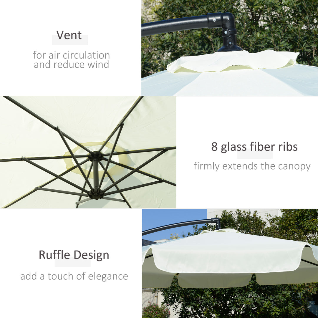 MCL 2.7m Garden Banana Parasol Cantilever Umbrella with Crank Handle and Cross Base for Outdoor, Hanging Sun Shade, Cream White