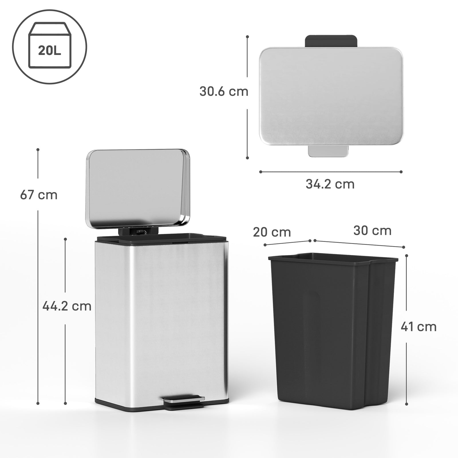 20L Kitchen Bin with Soft-Close Lid and Stay-Open Function, Stainless 