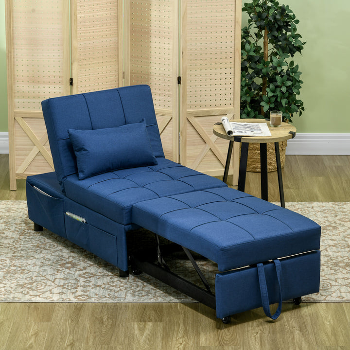 Convertible Chair Bed with Padding Seat, 4-in-1 Multi-Functional Sleeper Sofa Bed, Recliner with Adjustable Backrest, Side Pocket, Wheels and Pillow, for Living Room, Blue