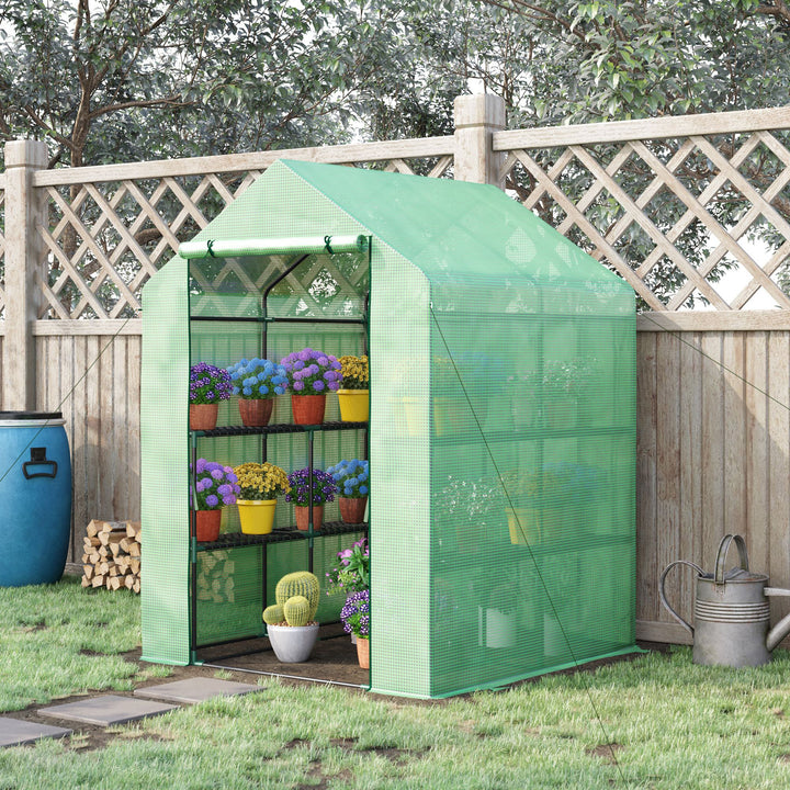 Outsunny Lean-to Greenhouse with Shelving: Removable Cover Steeple Polytunnel for Nurturing Plants, 143x138x190cm, Verdant | Aosom UK