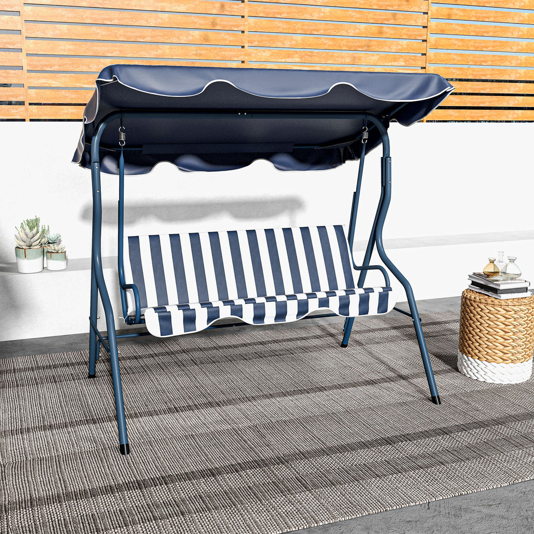 Outsunny 3 Seater Garden Swing Seat Chair Outdoor Bench with Adjustable Canopy and Metal Frame, Blue Stripes