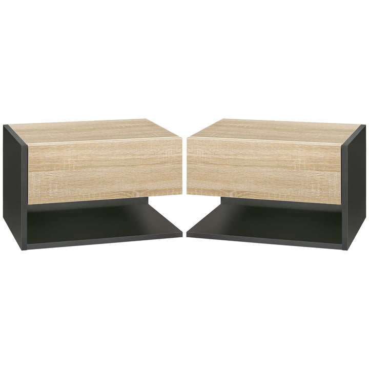HOMCOM Floating Bedside Table Set of 2, Wall Mounted Bedside Cabinet with Drawer and Open Shelf, Modern Nightstand for Bedroom, 46 x 30 x 30 cm, Oak Tone