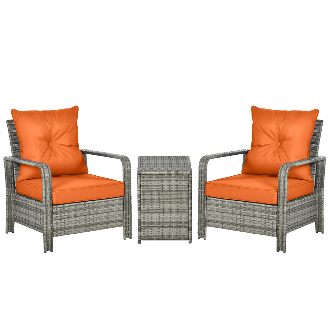 3 Pieces Rattan Bistro Set, Wicker Garden Furniture Set with Storage Coffee Table and Chairs, Thickened Cushions for Outdoor, Patio, Balcony, Orange