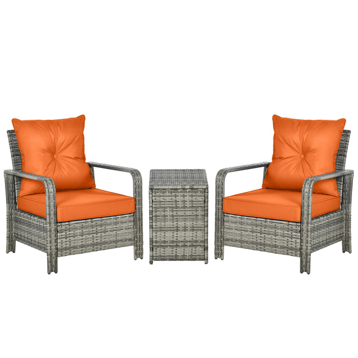 3 Pieces Rattan Bistro Set, Wicker Garden Furniture Set with Storage Coffee Table and Chairs, Thickened Cushions for Outdoor, Patio, Balcony, Orange