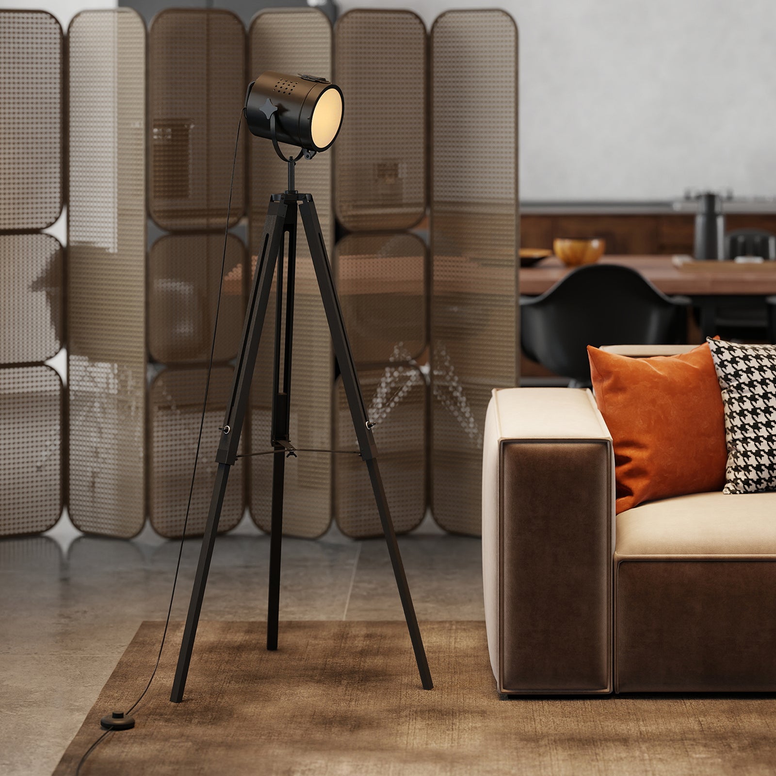 HOMCOM Industrial Tripod Floor Lamp, Nautical Searchlight with Adjustable Height, Wood Legs, E14 Lamp Base for Living Room, Bedroom, Black