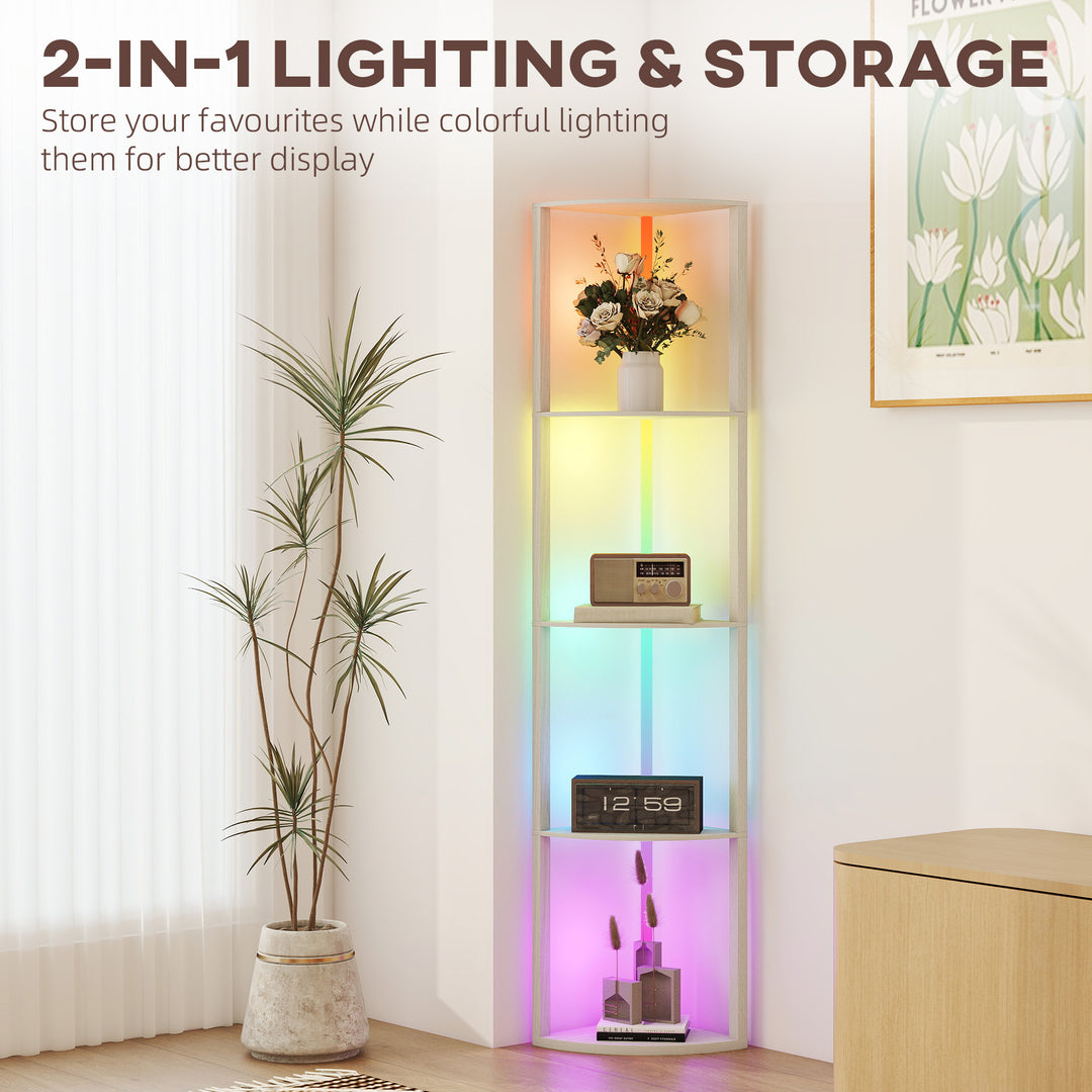RGB LED Floor Lamp with Shelves, 5-Tier Dimmable Standing Lamp with Adjustable Brightness and Remote Control, Modern Corner Display Shelf Unit for Living Room Bedroom Office, Oak