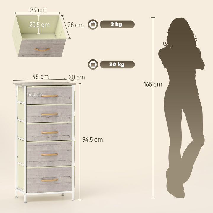 Chest of Five Fabric Drawers - Natural Wood Finish