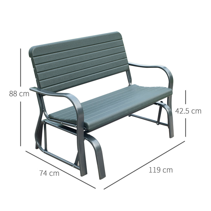 2 Seats Garden Glider Bench, Metal Frame and HDPE Swing Loveseat, Porch Rocking Glider for 2 Person with High Back and Armrest, Dark Green