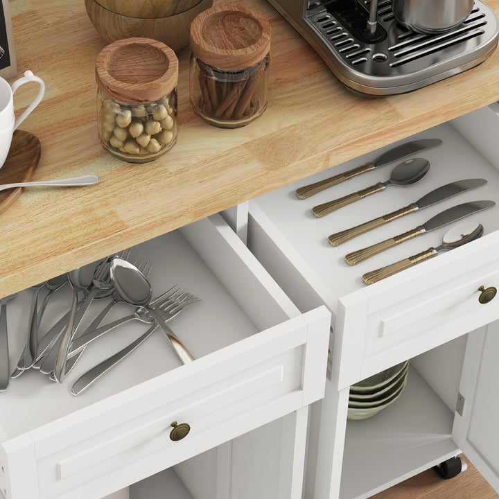 Rolling Kitchen Island Storage Trolley with Rubber Wood Top & Drawers for Dining Room, Cream White