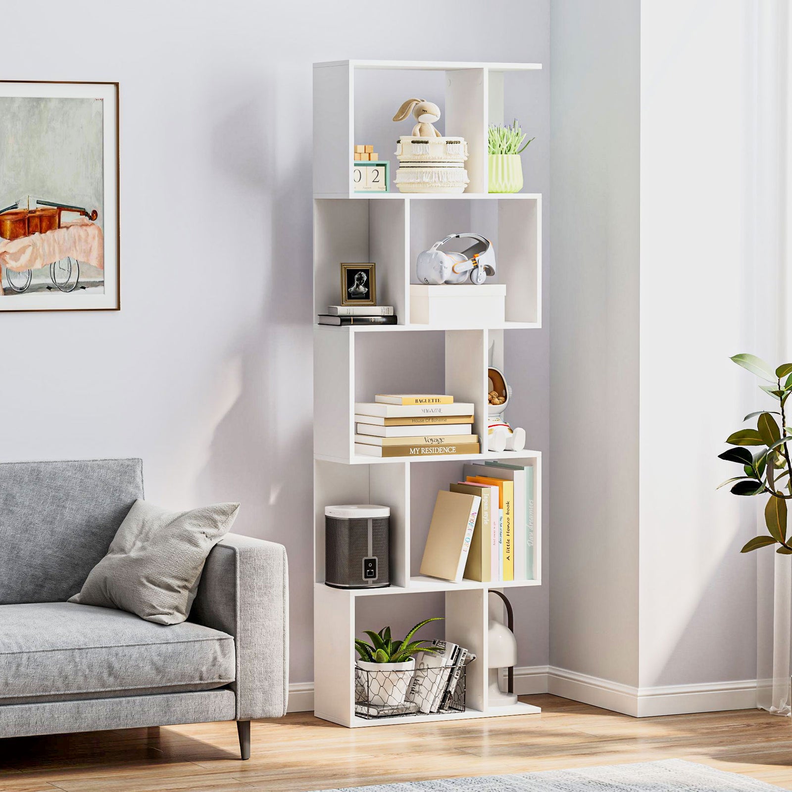Bookcase, S-Shaped Wooden Bookshelf, 5 Tiers Freestanding Storage Shel