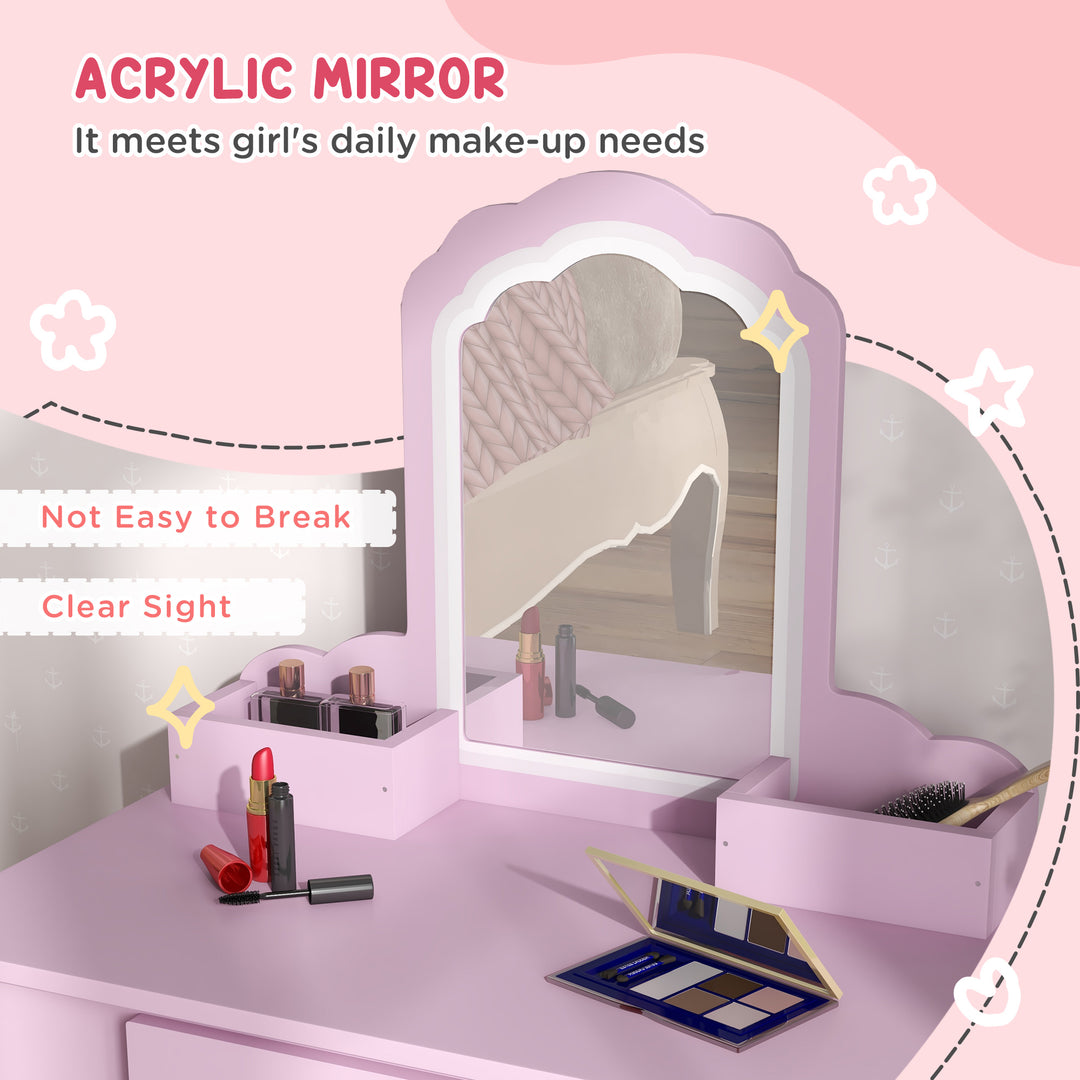 ZONEKIZ Child's Vanity Set with Cloud-Shaped Mirror, Stool, Drawer, and Storage Compartments, Pink | Aosom UK