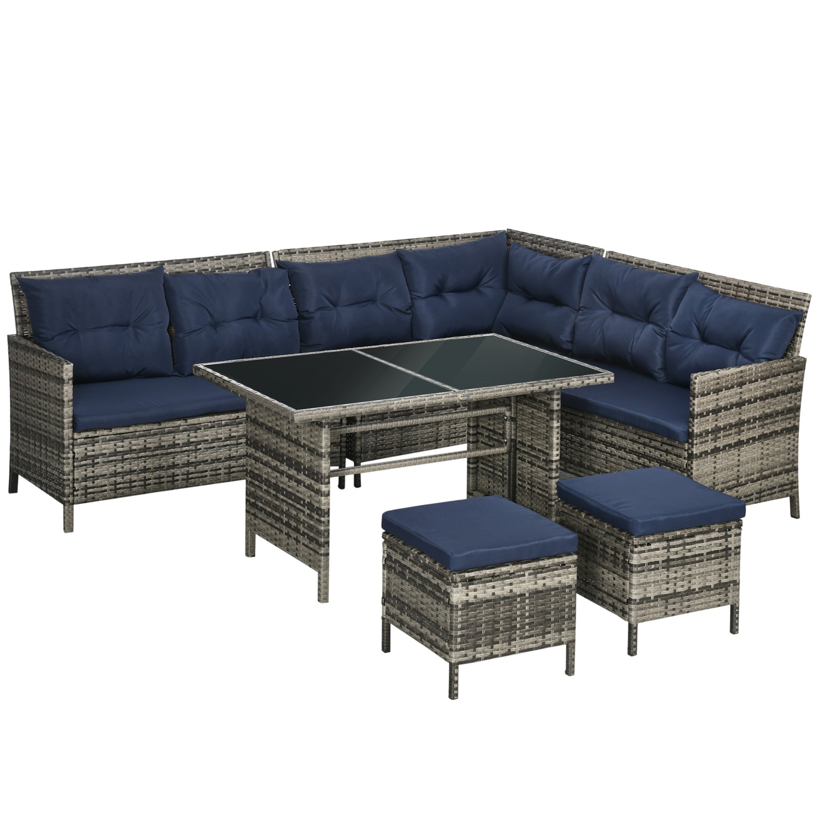 7-Seater Patio wicker Sofa Set Rattan Chair Furniture w/ Glass & Cushioned, Dark Blue