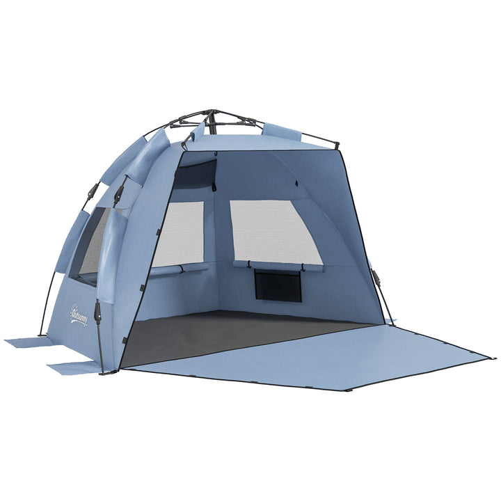 2-3 Person Pop Up Beach Tent, UPF15+ Sun Shelter with Extended Floor, Sandbags, Mesh Windows and Carry Bag, Light Blue