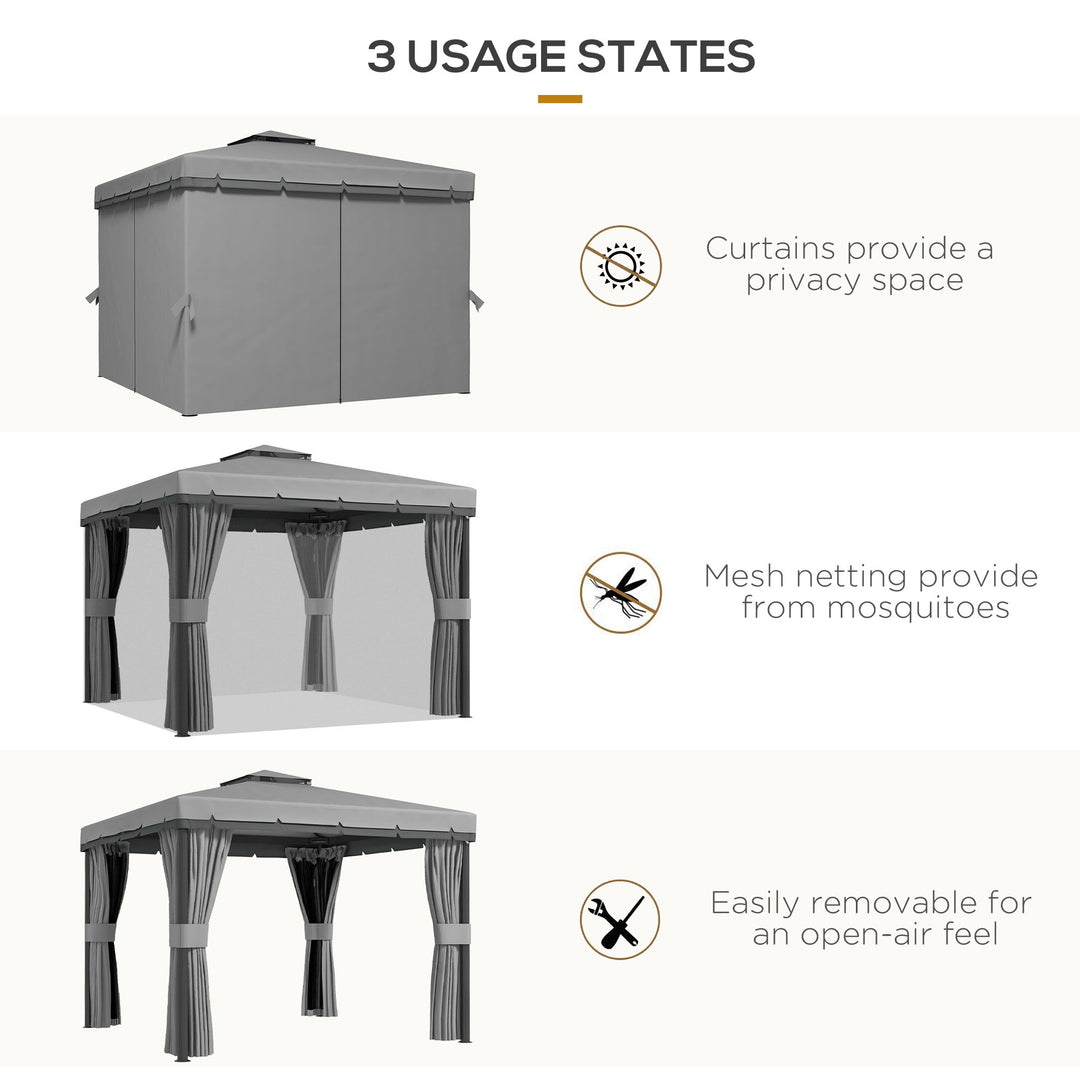 3 x 3(m) Patio Gazebo Canopy Garden Pavilion Tent Shelter Marquee with 2 Tier Roof, Netting and Curtains, Light Grey