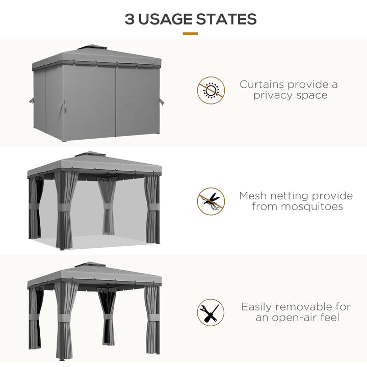 3 x 3(m) Patio Gazebo Canopy Garden Pavilion Tent Shelter Marquee with 2 Tier Roof, Netting and Curtains, Light Grey