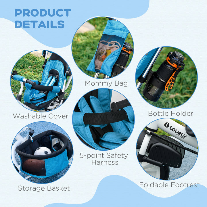6 in 1 Kids Trike with Parent Handle, Canopy, 5-point Safety Belt, Storage, Footrest, Brake, for 1-5 Years, Blue