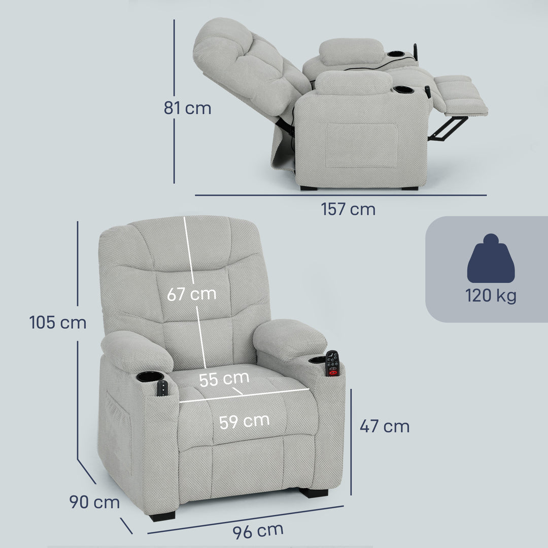 Electric Massage Recliner Armchair with Vibration, Heat, Whisper-Quiet Motor, Memory Function, Fleece Power Reclining Chair with Spring Pack, USB Port, Footrest, Side Pocket, Cup Holders
